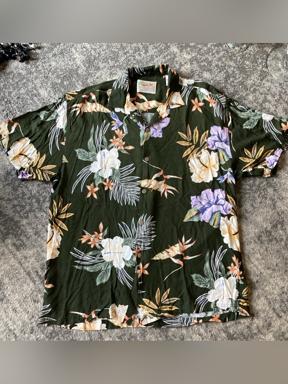 Vintage Thums Up For Him Men’s Shirt Hawaiian Tropical Floral Dark Green Large